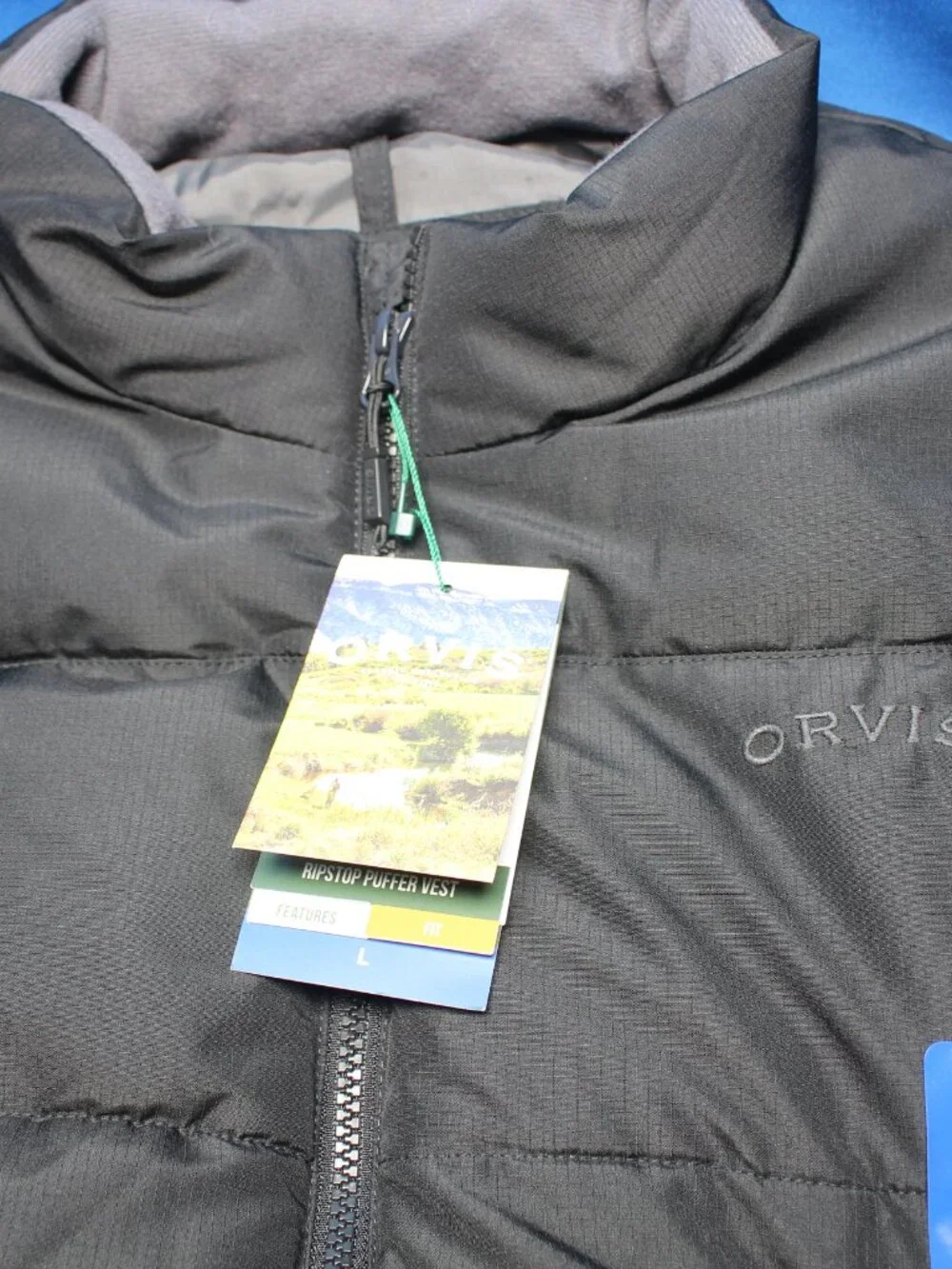 Orvis RipStop Puffer Vest Jacket Mens Large Black Quilted Insulated Lightweight